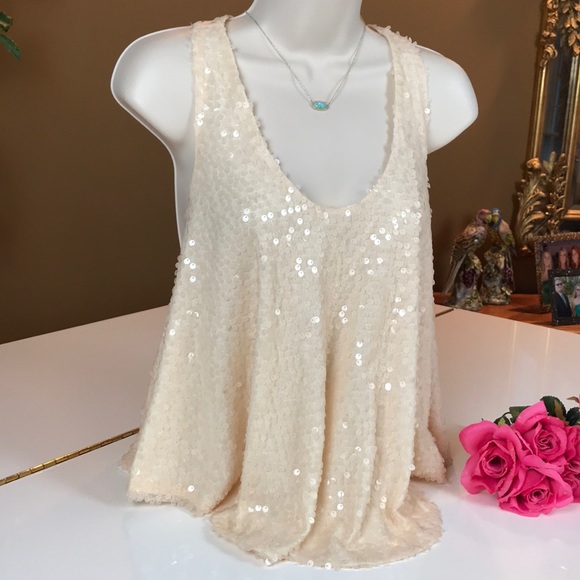 WISH CREAM COLORED SEQUIN TANK STYLE LOOSE TOP SM - Picture 6 of 8